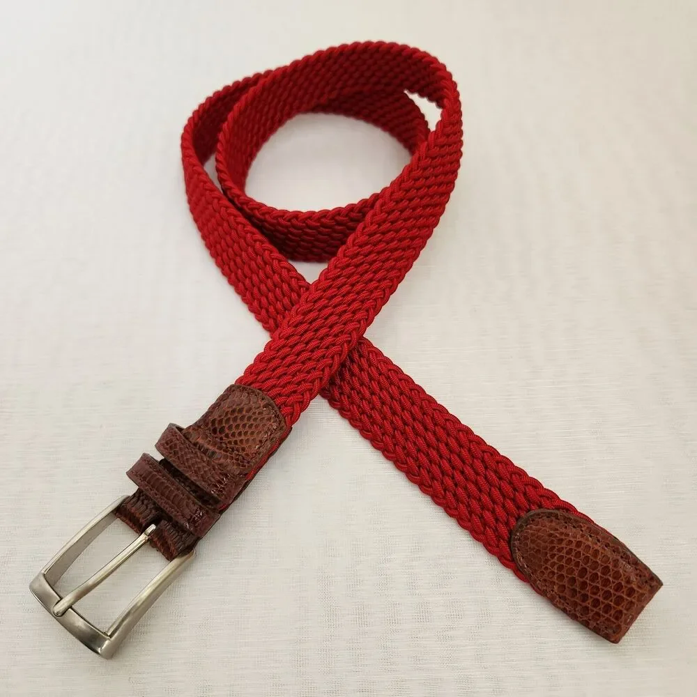 Belt Mens 36 Red Braided Stretch Leather Snake Tab Solid Silver Brass Buckle